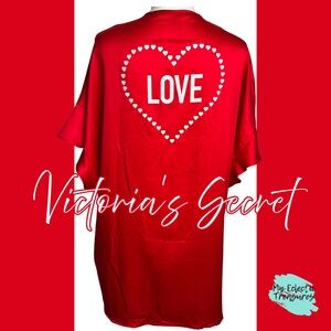 Victoria’s Secret Red Satin Kimono Robe LOVE Heart Graphic OS One Size